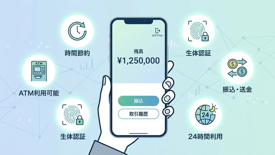 スマートフォンで残高確認、振込、生体認証などを利用するネット銀行のイメージ