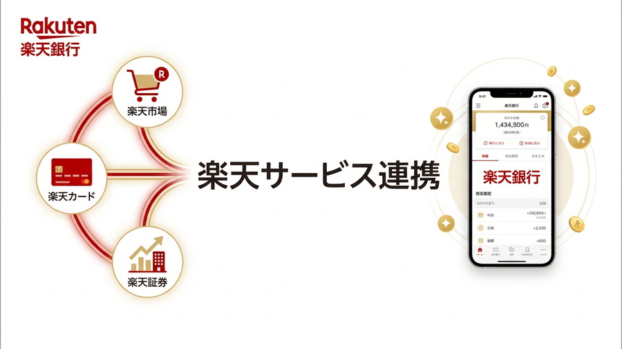 楽天銀行と楽天カード、楽天市場、楽天証券のサービス連携を示す図