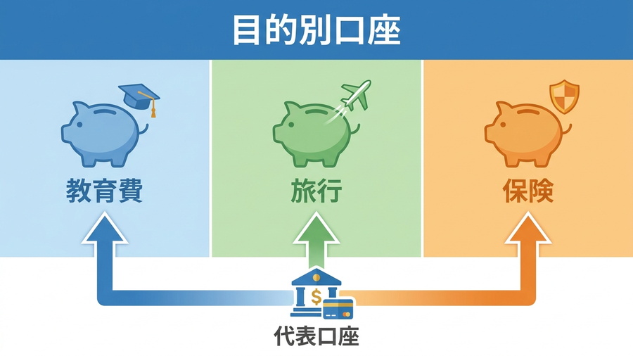 代表口座から教育費、旅行、保険の目的別口座へお金を分ける図