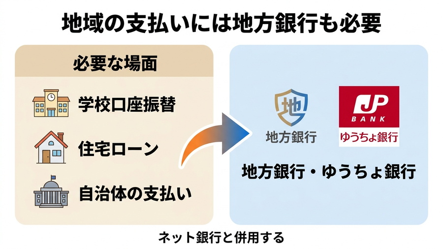 学校、住宅ローン、自治体の支払いに地方銀行やゆうちょ銀行を併用する図
