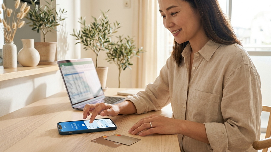 スマートフォンでネット銀行の口座を確認する女性