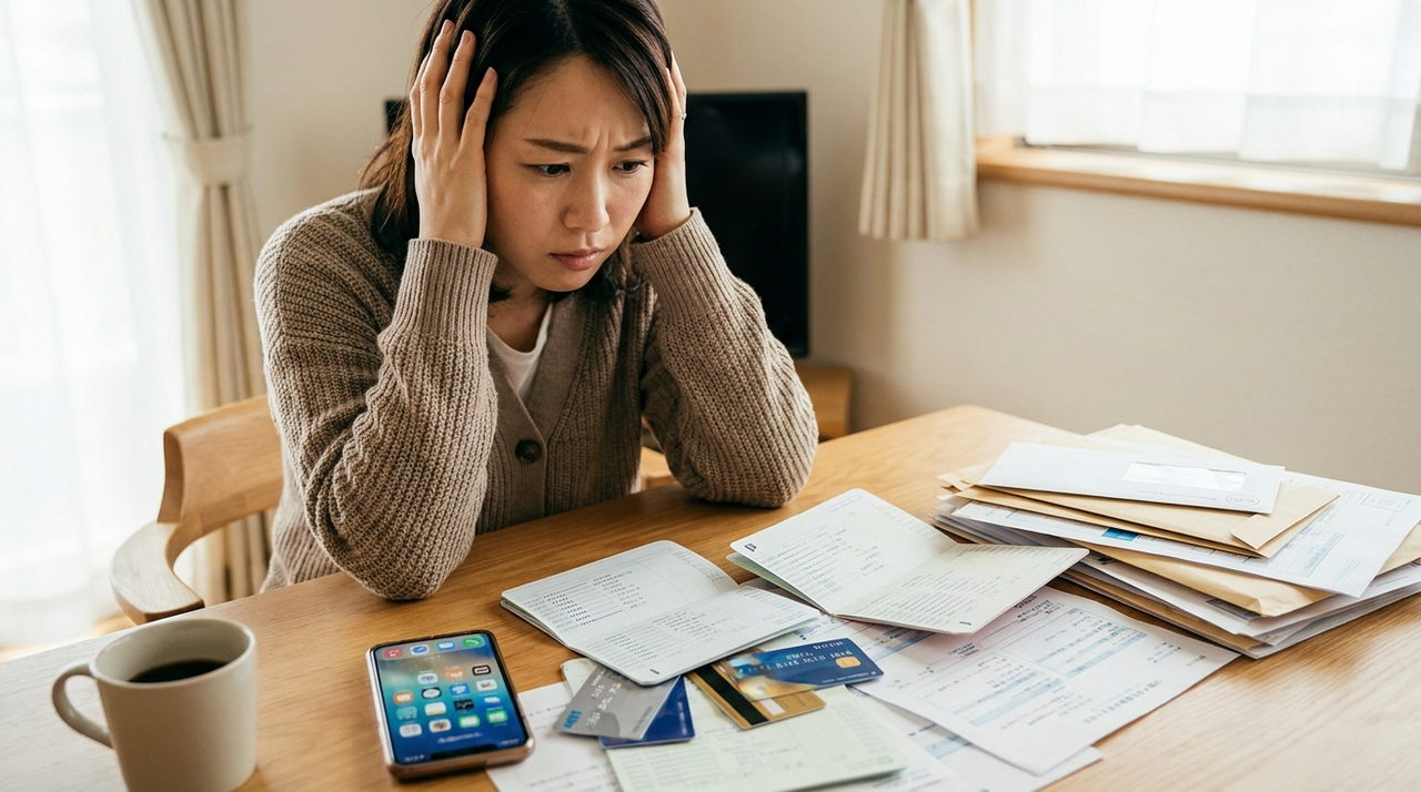 増えすぎた銀行口座や書類を前に、管理に悩む女性