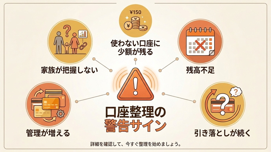 少額残高、残高不足、続く引き落とし、管理負担、家族が把握できない状態を示す図