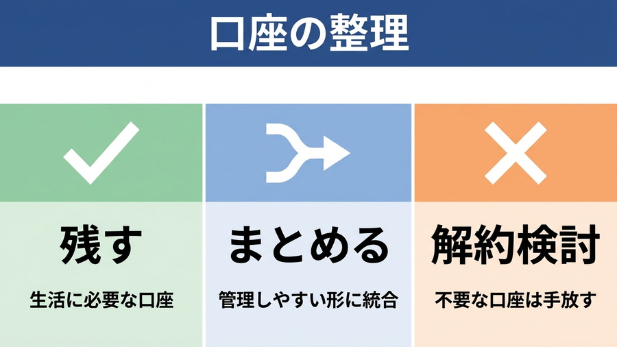 銀行口座を残す、まとめる、解約を検討するの3つに分類する図