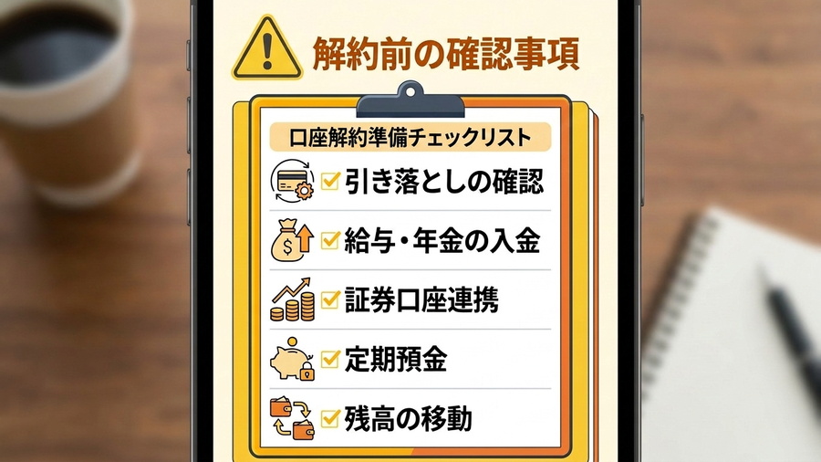 口座を解約する前に、引き落とし、入金、証券口座、定期預金、残高を確認する図