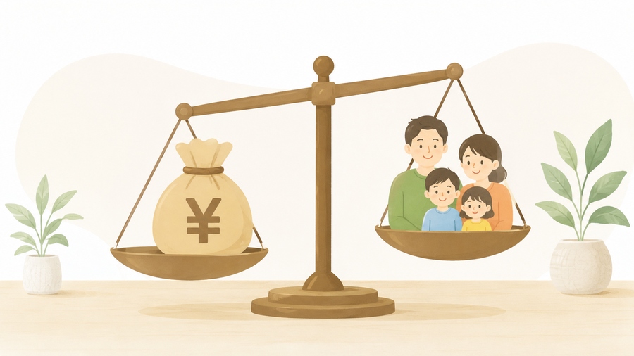 お金と家族の生活のバランスを表したイラスト