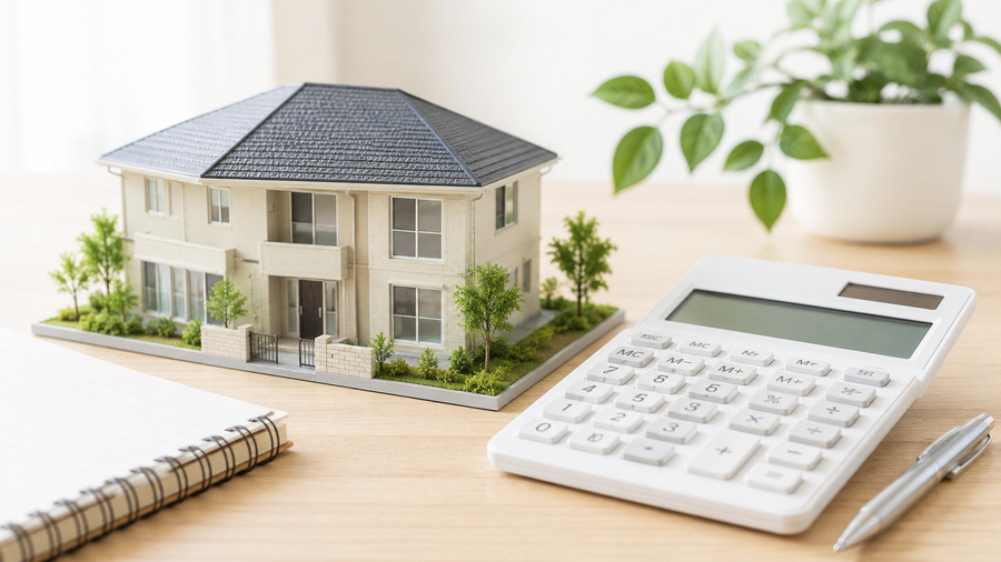 住宅模型と電卓で不動産の維持費を確認する様子
