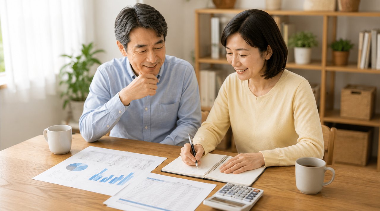 家計資料を確認しながら将来のお金について話し合う夫婦