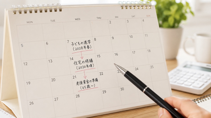 進学、住宅購入、老後資金の予定を書き込んだカレンダー