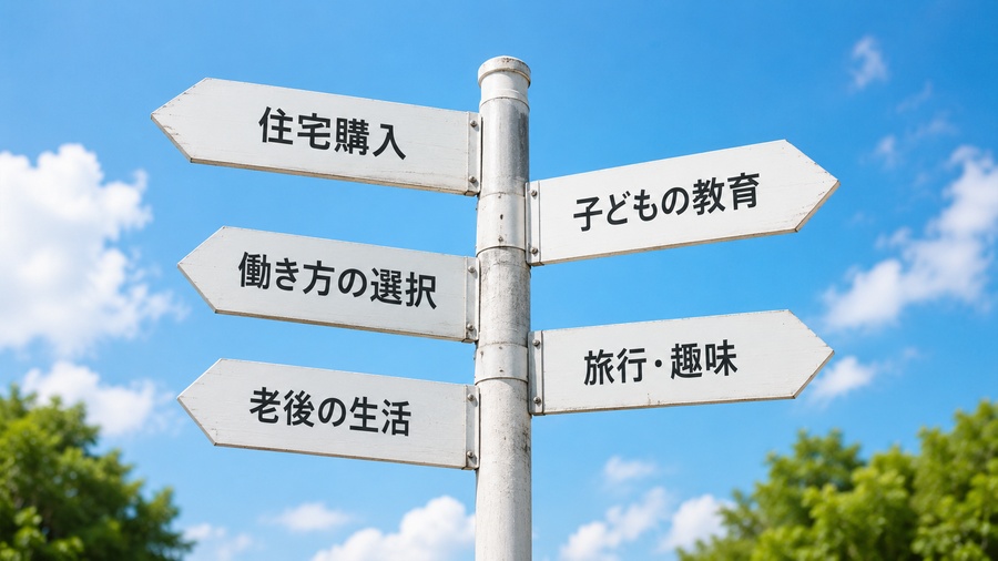 住宅購入、教育、働き方、旅行、老後の生活を示す道しるべ