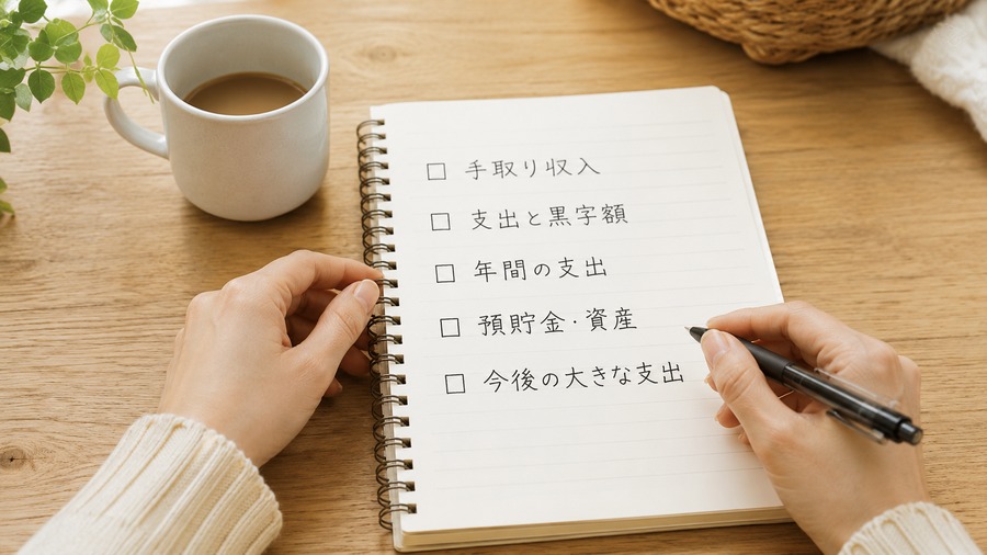今の家計から将来へつなげるための確認項目を書き出す様子