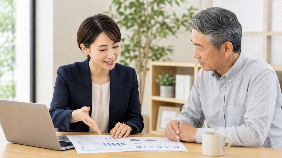 複数の金融商品を比較しながら説明を受ける様子