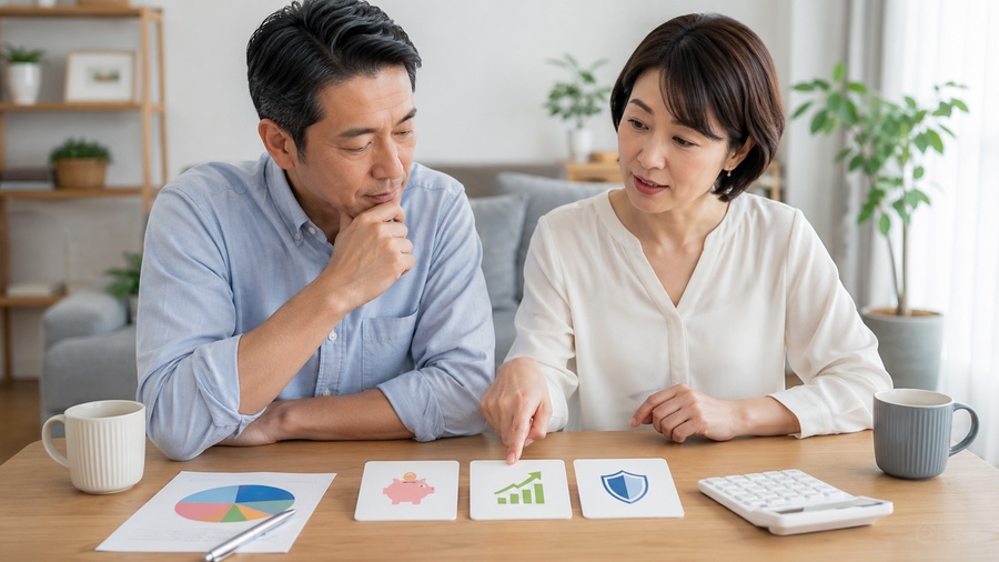 保険、預金、国債、投資信託の中から資金の置き場所を考えるイメージ