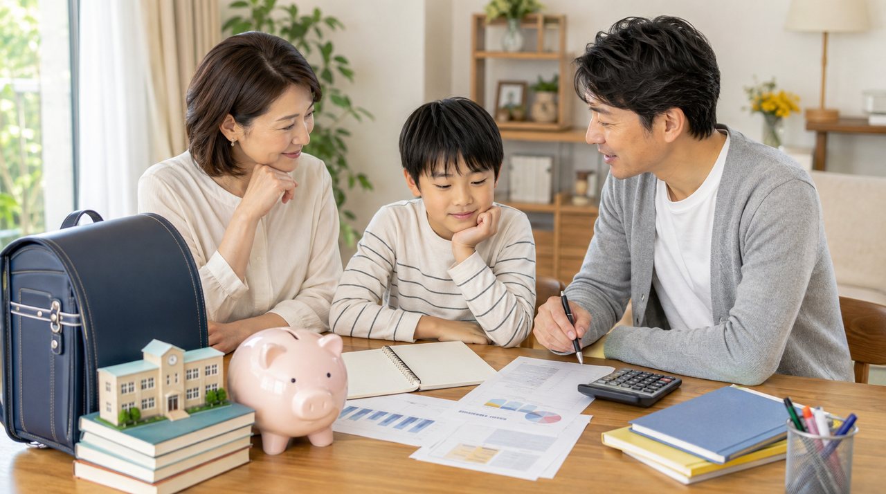 ランドセルや校舎の模型を前に、子どもと一緒に進学とお金について話し合う夫婦