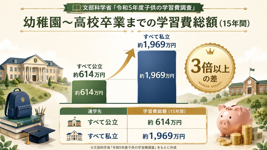 幼稚園から高校卒業までの15年間の学習費総額。すべて公立で約614万円、すべて私立で約1969万円と3倍以上の差があることを示すグラフ