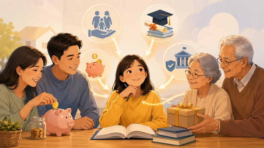 両親の貯蓄、公的な支援、祖父母からの援助が子どもの進学を支える様子のイラスト