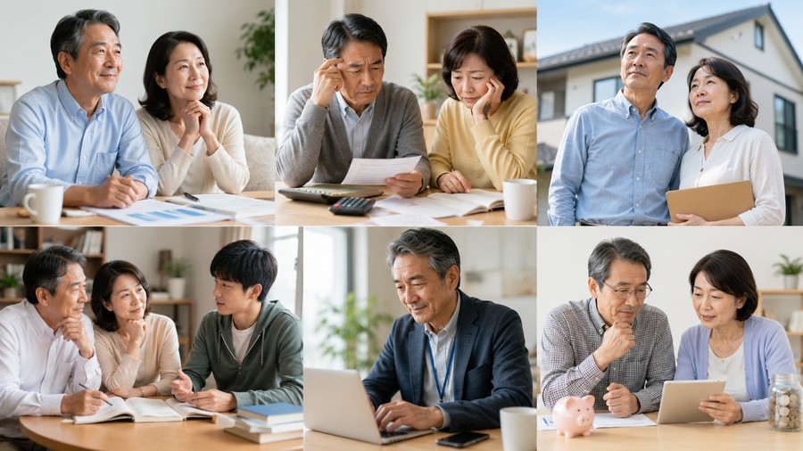 住宅ローン、子どもの教育費、再雇用など、退職を前にした人それぞれの状況を並べた写真