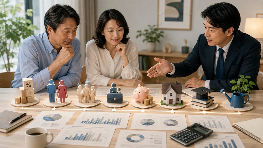 働き方、家族、住宅、教育などを時間軸に並べて説明を受ける様子