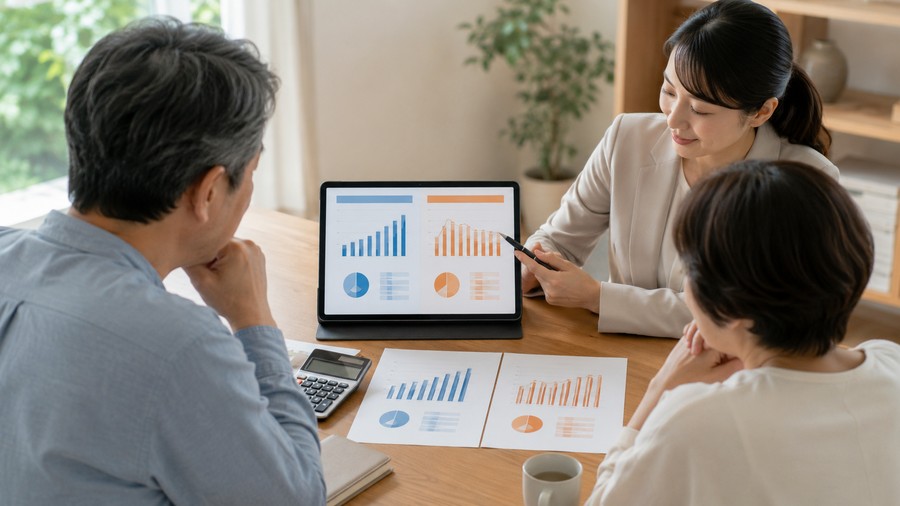 一時金と年金の試算結果を比較して説明を受ける様子