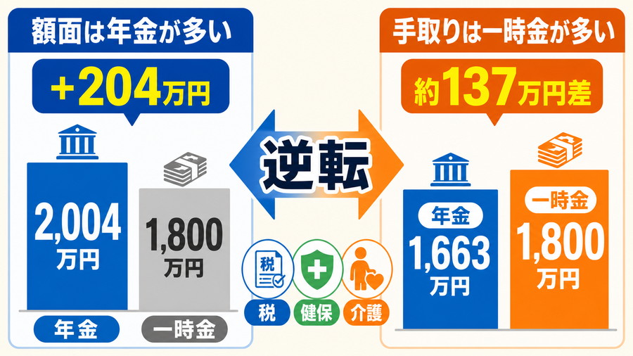 額面では年金が204万円多いが、税金と社会保険料が340万円増え、手取りは一時金が137万円多くなることを示す図