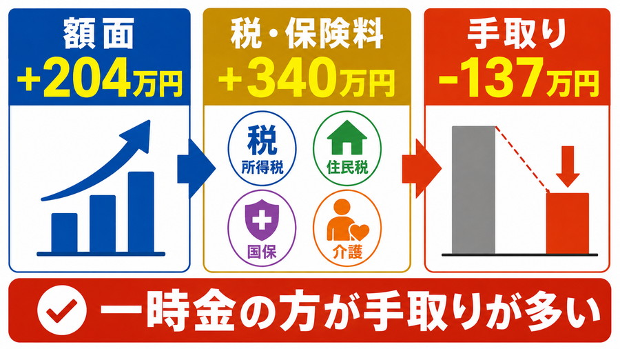 年金受取では額面が204万円増える一方、税金と保険料が340万円増え、手取りが137万円減ることを示す図