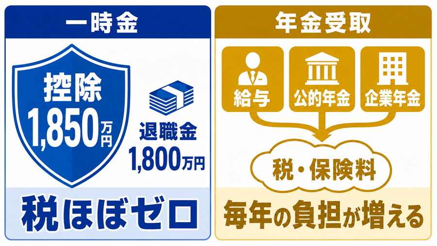 一時金は退職所得控除の範囲内で税負担がほぼなく、年金は給与や公的年金と合算され毎年の税金と保険料に影響することを示す図