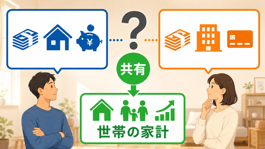 夫婦がそれぞれ管理する資産と、老後生活に必要な世帯の家計情報を共有するイメージ