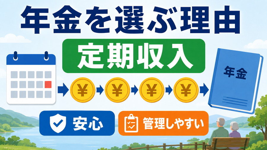 年金を定期収入として受け取ることで、安心と管理のしやすさを得られることを示す図