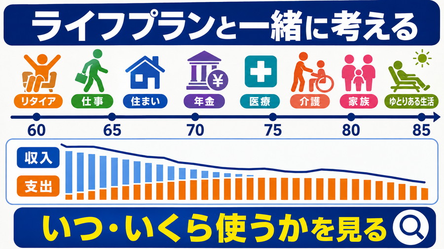 退職後の仕事、住まい、年金、医療、介護、家族との予定を時間軸で整理するライフプランの図