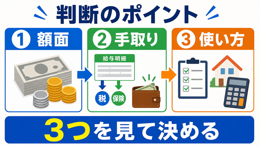 退職金を額面、手取り、受け取った後の使い方という三つの視点で判断する図