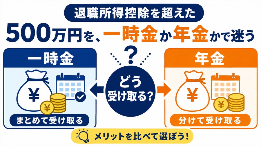 退職所得控除を超えた500万円を一時金と年金のどちらで受け取るか比較する図