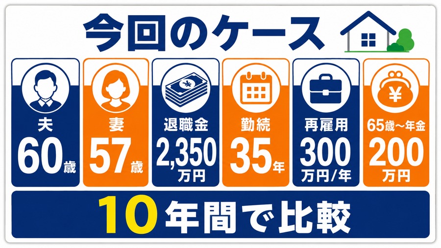 夫60歳、妻57歳、退職金2350万円、勤続35年、再雇用収入と公的年金などの試算条件