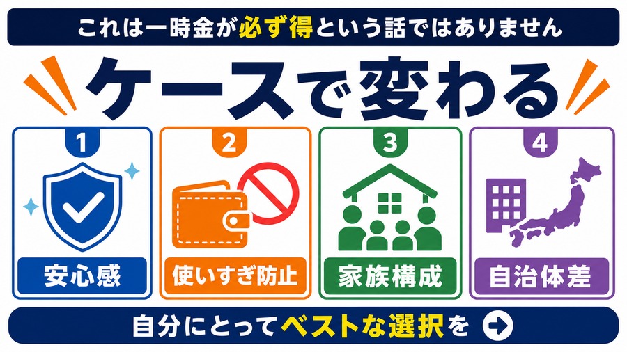 安心感、使いすぎ防止、家族構成、自治体差によって適切な選択が変わることを示す図
