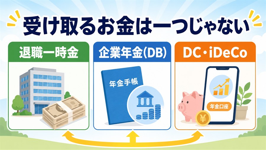 退職一時金、企業年金、企業型DCとiDeCoの三つを示す図