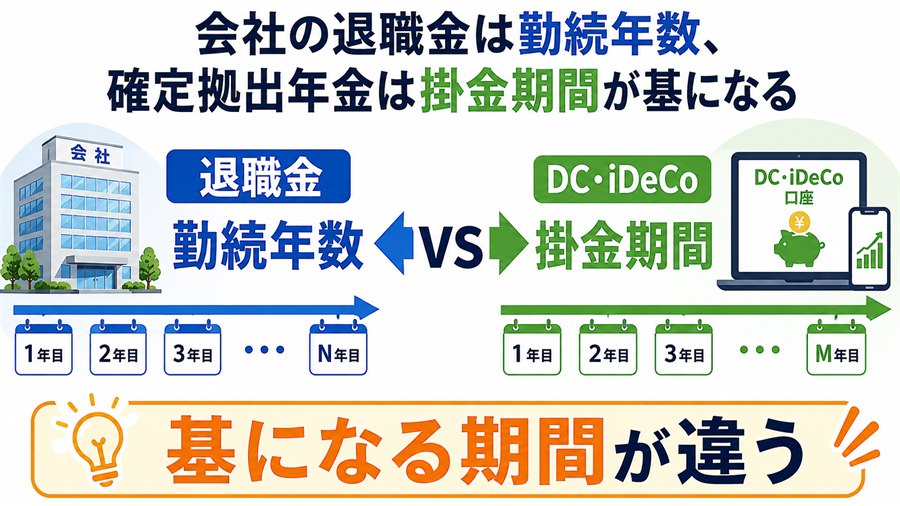 会社の退職金は勤続年数、企業型DCとiDeCoは掛金期間を基にする図