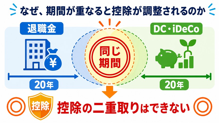 退職金と企業型DCやiDeCoで同じ期間の控除を二重利用できないことを示す図