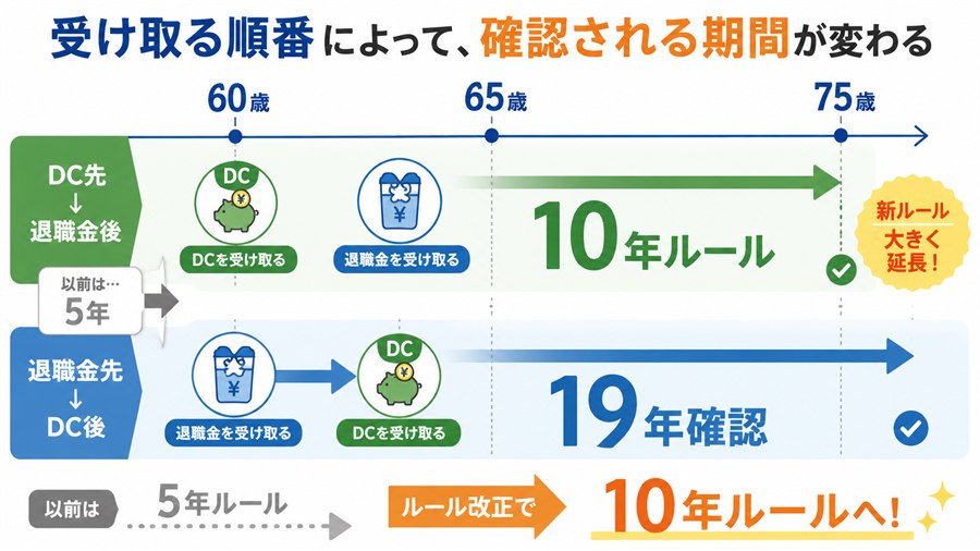 確定拠出年金と退職金の受取順序で10年と19年の確認期間が変わる図