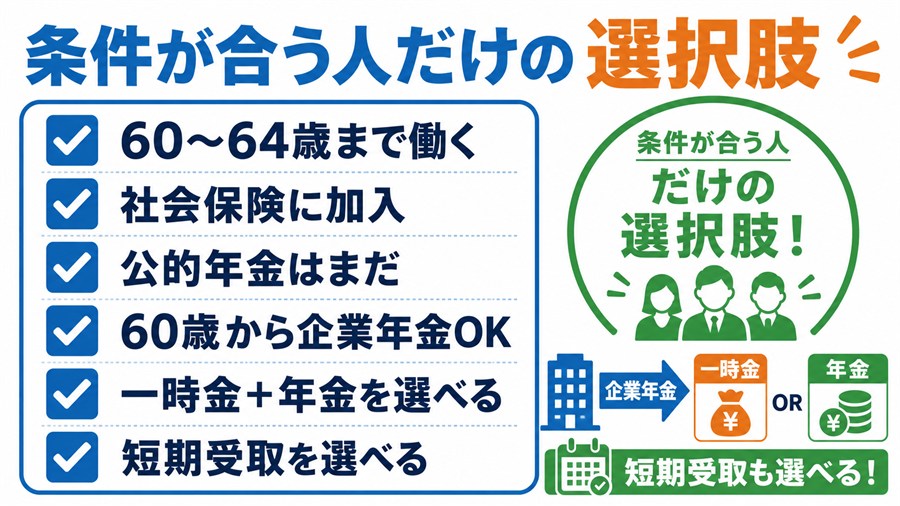 60歳から64歳まで働くことや社会保険加入など企業年金を在職中に受け取る条件