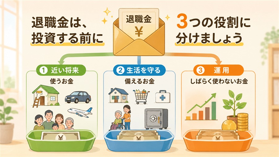 退職金を近い将来、生活を守る、運用の三つに分ける図