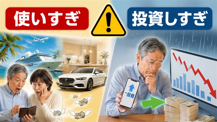 退職金の使い過ぎと投資のし過ぎに注意する図