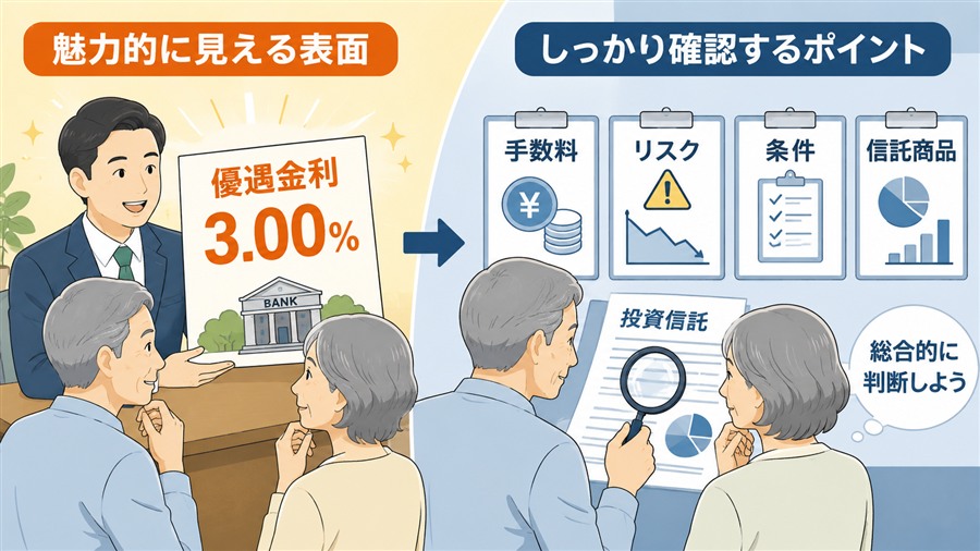 退職者向け金融商品の金利、手数料、リスク、条件を確認する図