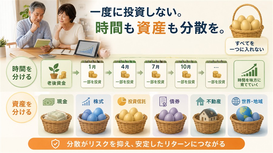投資時期と現金、株式、投資信託、債券、不動産などを分散する図