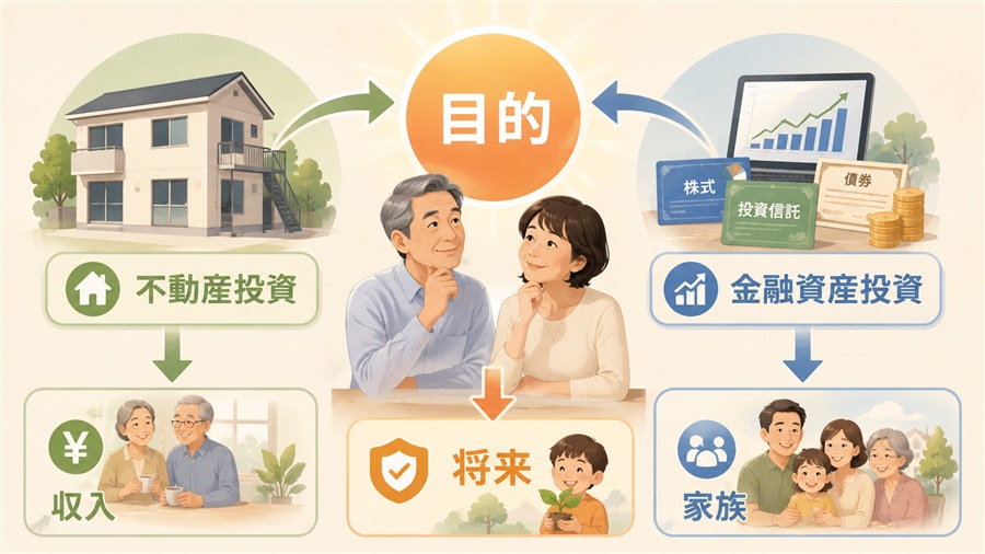 不動産投資と株式、投資信託、債券の目的を考える図