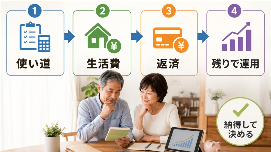 退職金の使い道、生活費、返済、運用を順番に考える図