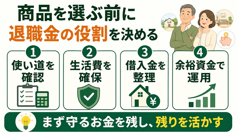 退職金の使い道、生活費、借入金を整理して余裕資金を運用するまとめ図