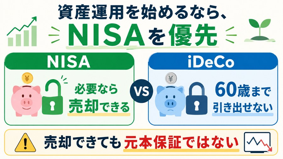売却できるNISAと原則60歳まで引き出せないiDeCoを比べる図