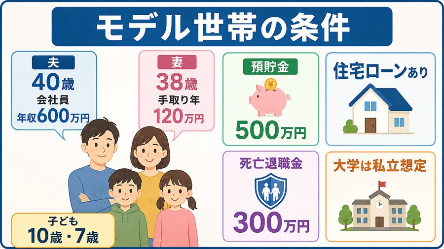 夫婦と子ども2人のモデル世帯の条件を示す図