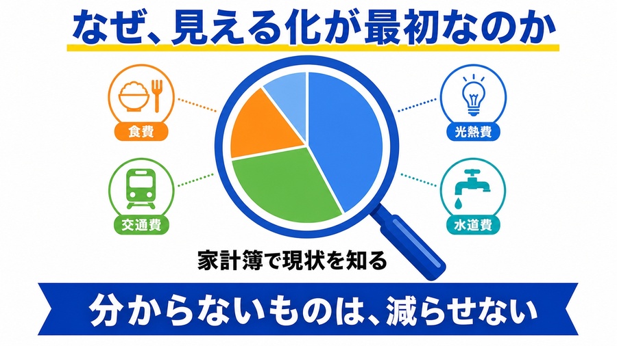 支出を把握してから見直す流れを示す図