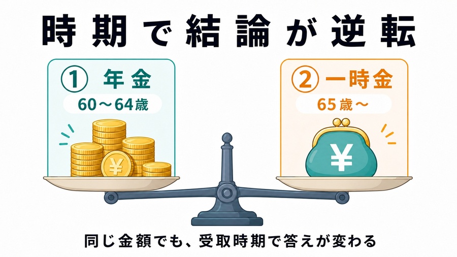 60〜64歳なら年金、65歳以降なら一時金と、受取時期で結論が変わることを示す天秤の図