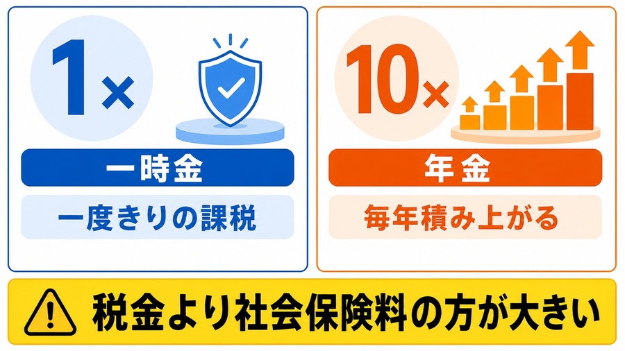一時金は一度きりの課税、年金は毎年の所得として税と保険料が積み上がることを示す図